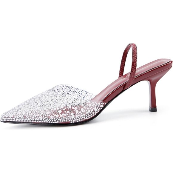 Women's Kitten Rhinestone Pointed Toe Pumps Slingback Heels Dress Shoes - Picture 2 of 7